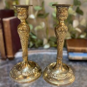 Vintage Set 2 Brass Floral Repousse Candlesticks European Old World Charm Ornate